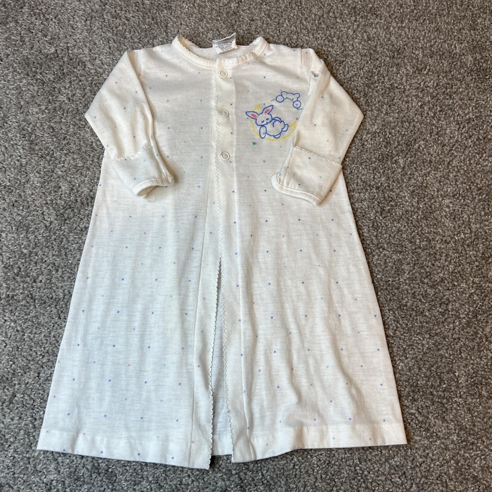Vintage Absorba Baby Sleep Gown One‎ Size Bunny Moon Stars White Nursery USA